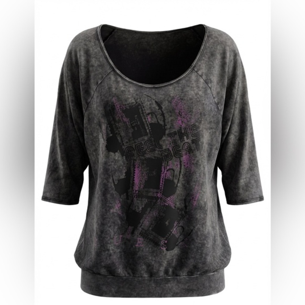 Guess Los Angeles Women’s Graphic Top XL Gray Acid Wash Scoop Neck Rhinestone
